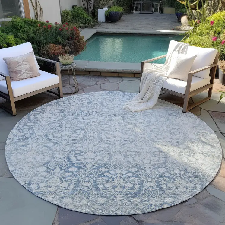 8' Denim Blue Round Damask Washable Indoor Outdoor Area Rug