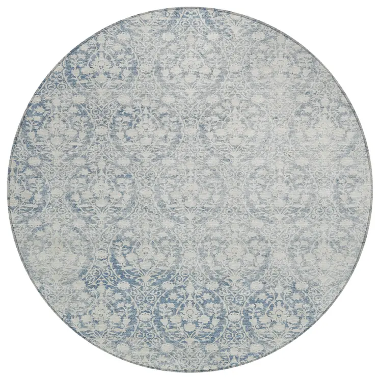 8' Denim Blue Round Damask Washable Indoor Outdoor Area Rug