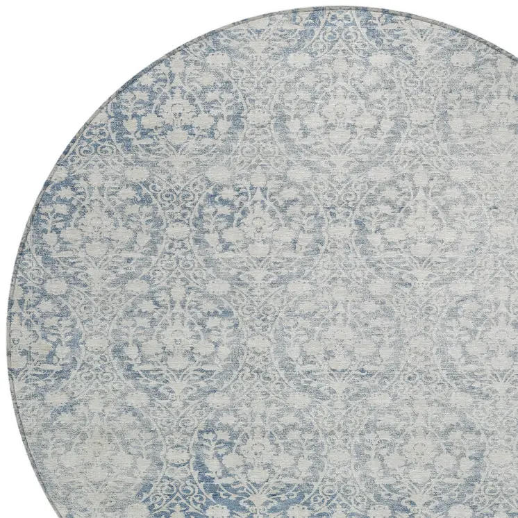 8' Denim Blue Round Damask Washable Indoor Outdoor Area Rug