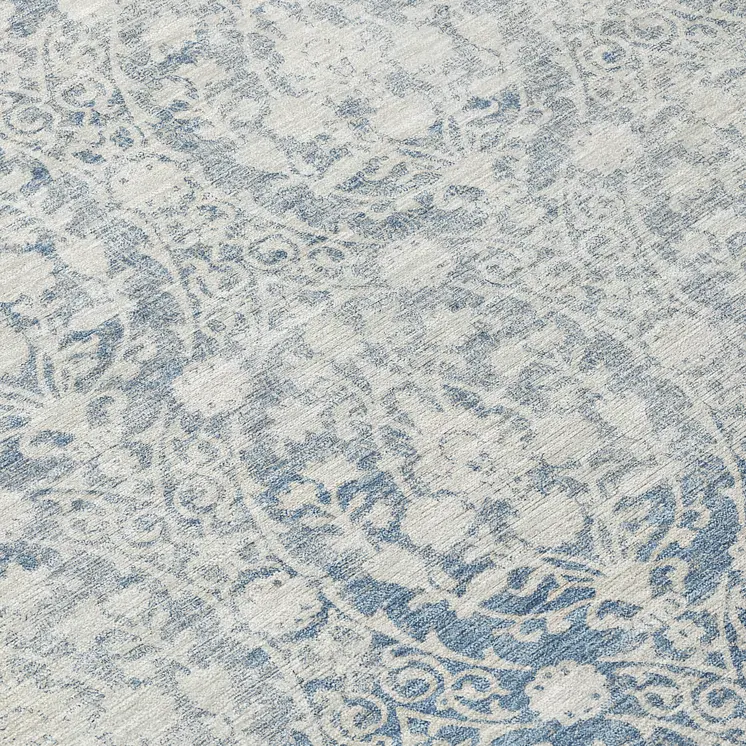 8' Denim Blue Round Damask Washable Indoor Outdoor Area Rug