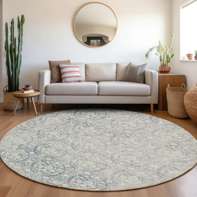 8' Denim Blue Round Damask Washable Indoor Outdoor Area Rug