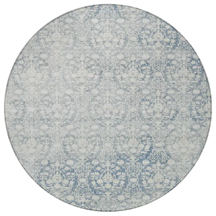 8' Denim Blue Round Damask Washable Indoor Outdoor Area Rug