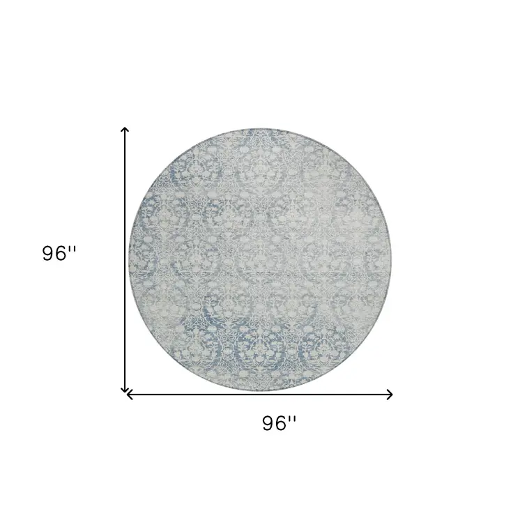 8' Denim Blue Round Damask Washable Indoor Outdoor Area Rug