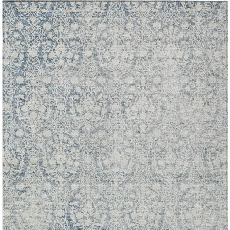 8' X 10' Denim Blue Damask Washable Indoor Outdoor Area Rug