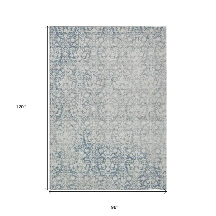 8' X 10' Denim Blue Damask Washable Indoor Outdoor Area Rug
