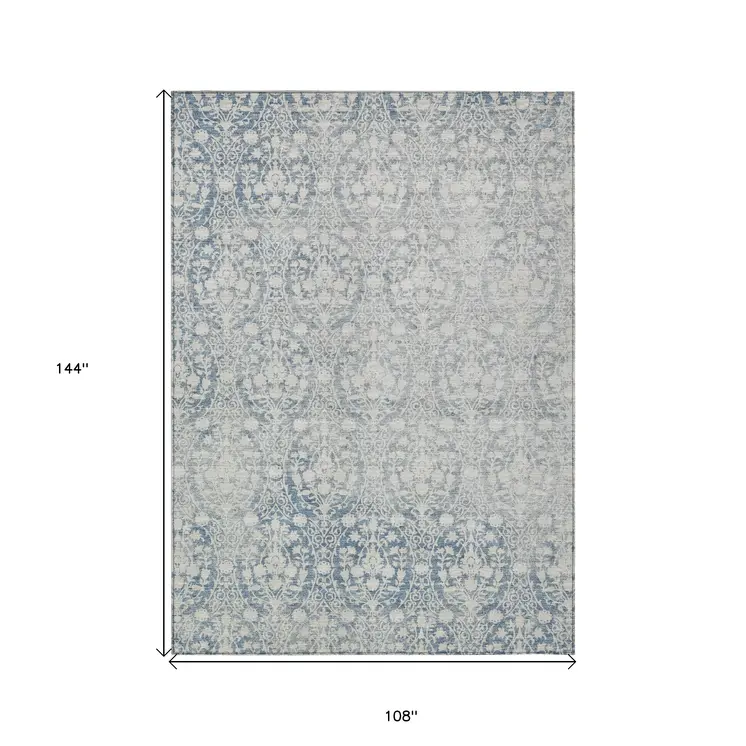 9' X 12' Denim Blue Damask Washable Indoor Outdoor Area Rug