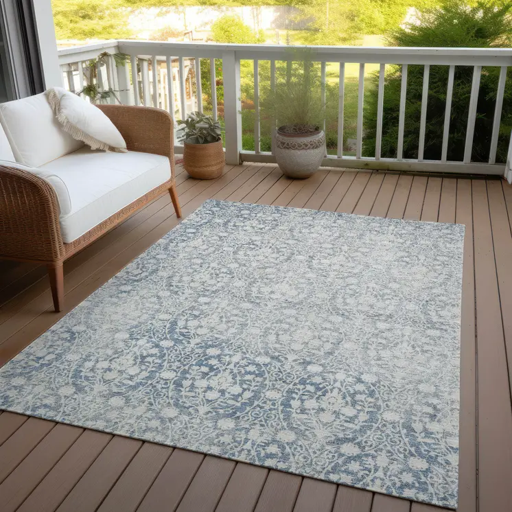 9' X 12' Denim Blue Damask Washable Indoor Outdoor Area Rug