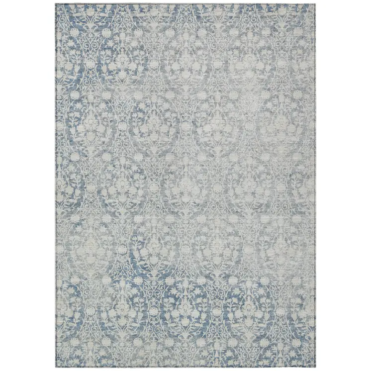 9' X 12' Denim Blue Damask Washable Indoor Outdoor Area Rug