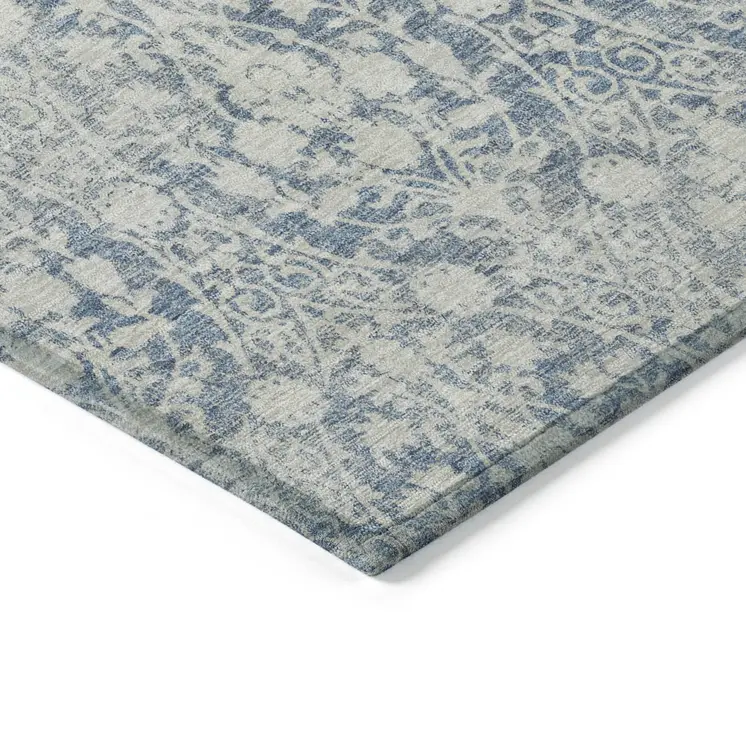 9' X 12' Denim Blue Damask Washable Indoor Outdoor Area Rug