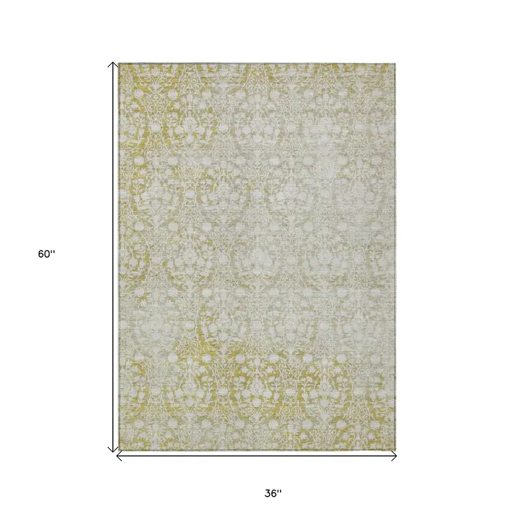 3' X 5' Gold Damask Washable Indoor Outdoor Area Rug