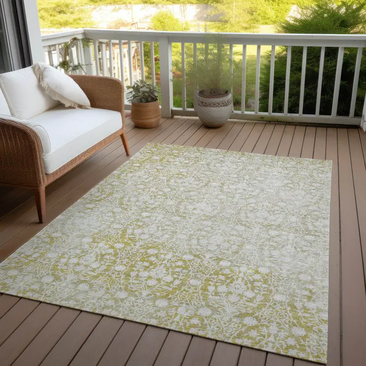 3' X 5' Gold Damask Washable Indoor Outdoor Area Rug