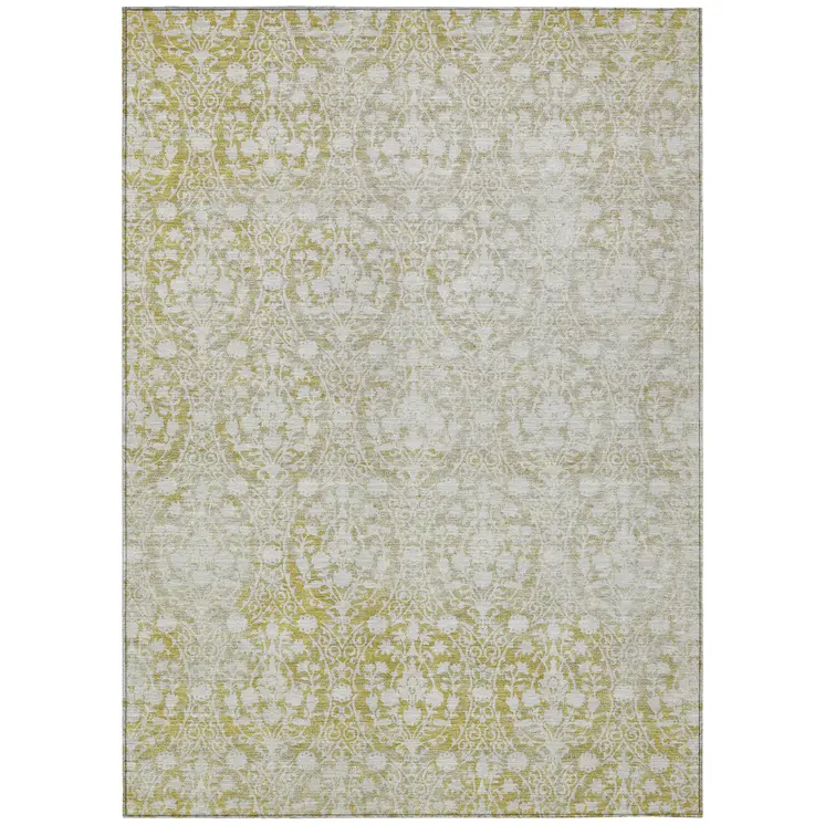 3' X 5' Gold Damask Washable Indoor Outdoor Area Rug