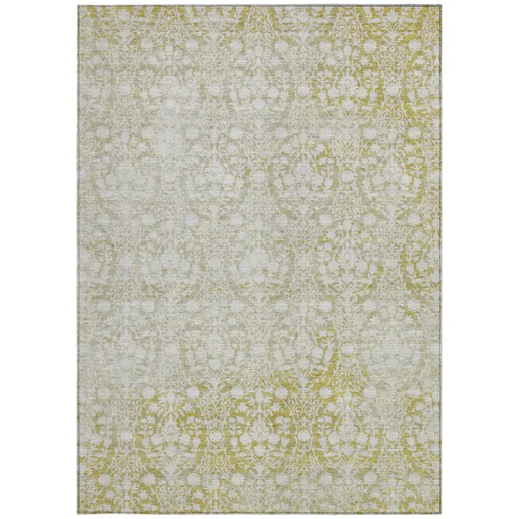 3' X 5' Gold Damask Washable Indoor Outdoor Area Rug