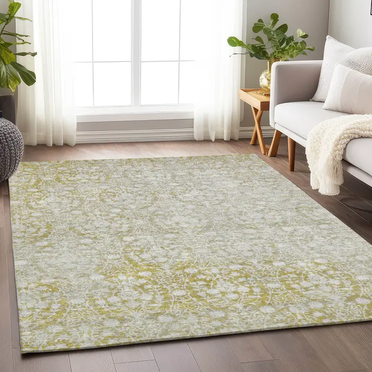 3' X 5' Gold Damask Washable Indoor Outdoor Area Rug