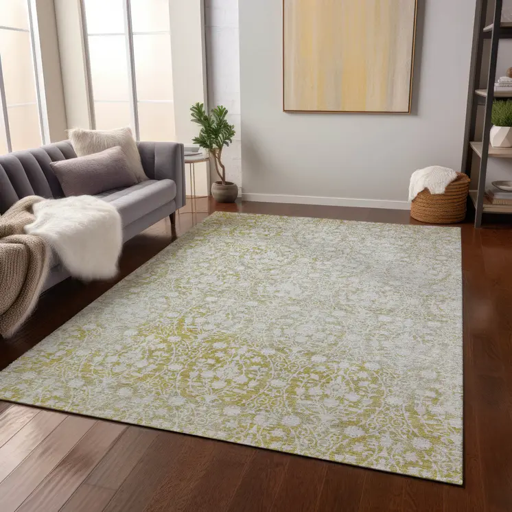 3' X 5' Gold Damask Washable Indoor Outdoor Area Rug
