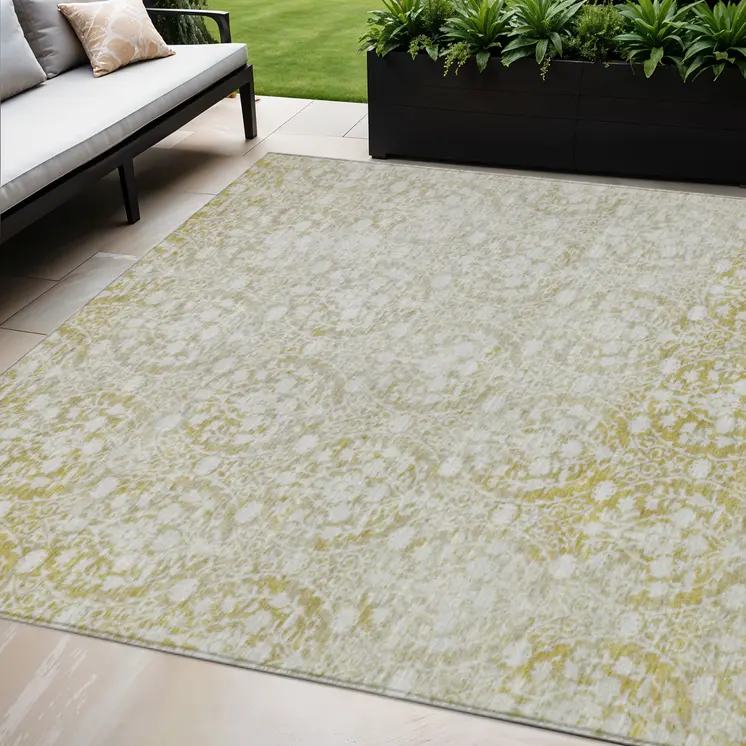 5' X 8' Gold Damask Washable Indoor Outdoor Area Rug