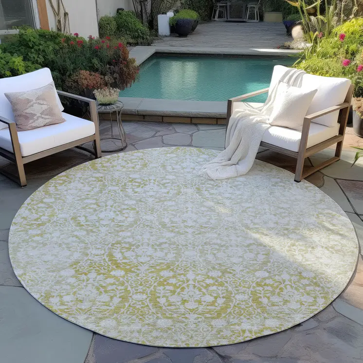 8' Gold Round Damask Washable Indoor Outdoor Area Rug