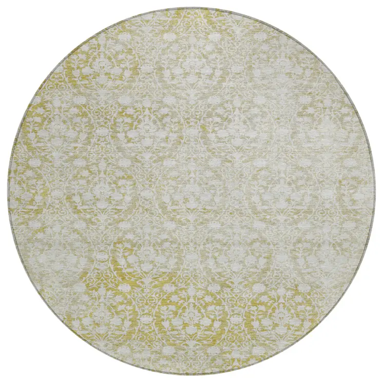 8' Gold Round Damask Washable Indoor Outdoor Area Rug