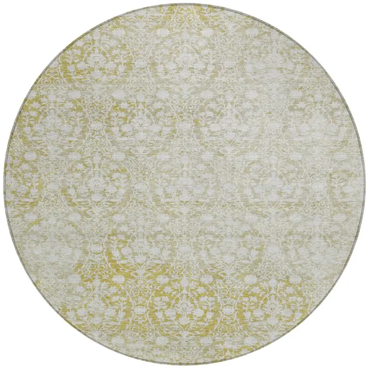 8' Gold Round Damask Washable Indoor Outdoor Area Rug