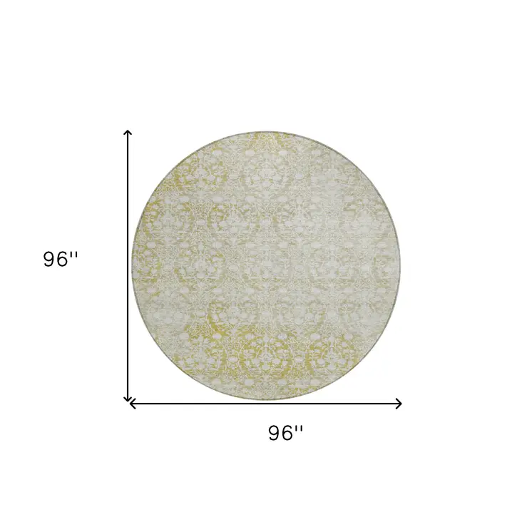 8' Gold Round Damask Washable Indoor Outdoor Area Rug