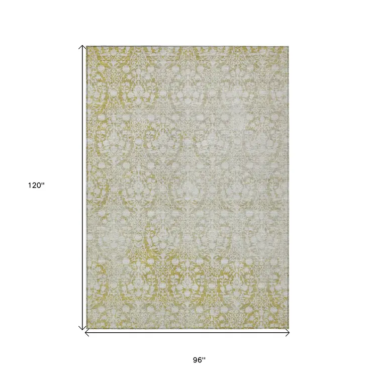 8' X 10' Gold Damask Washable Indoor Outdoor Area Rug