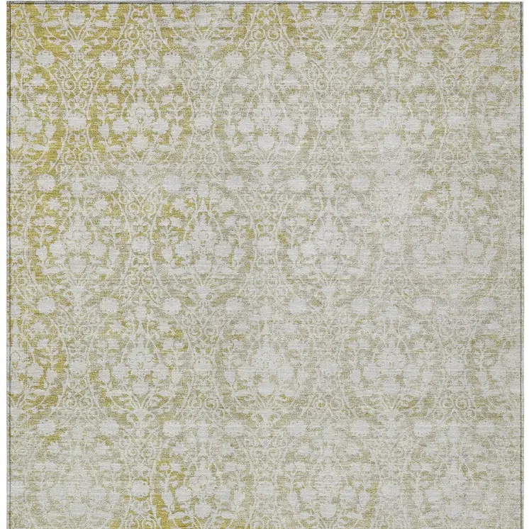 9' X 12' Gold Damask Washable Indoor Outdoor Area Rug