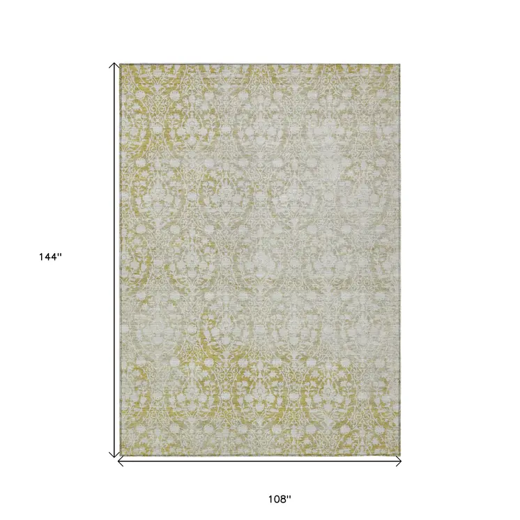 9' X 12' Gold Damask Washable Indoor Outdoor Area Rug