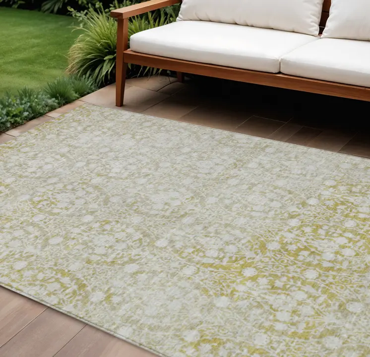 9' X 12' Gold Damask Washable Indoor Outdoor Area Rug