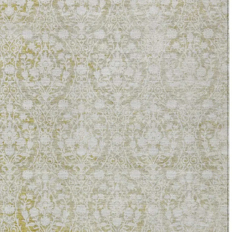 9' X 12' Gold Damask Washable Indoor Outdoor Area Rug