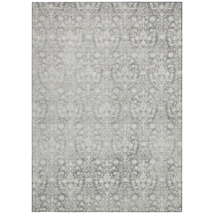 3' X 5' Gray Damask Washable Indoor Outdoor Area Rug