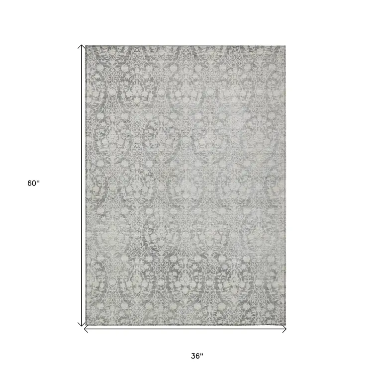 3' X 5' Gray Damask Washable Indoor Outdoor Area Rug