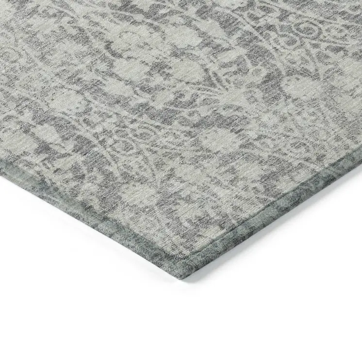 3' X 5' Gray Damask Washable Indoor Outdoor Area Rug