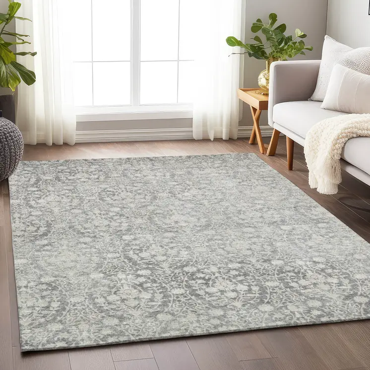 3' X 5' Gray Damask Washable Indoor Outdoor Area Rug