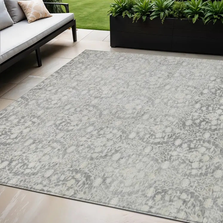 5' X 8' Gray Damask Washable Indoor Outdoor Area Rug