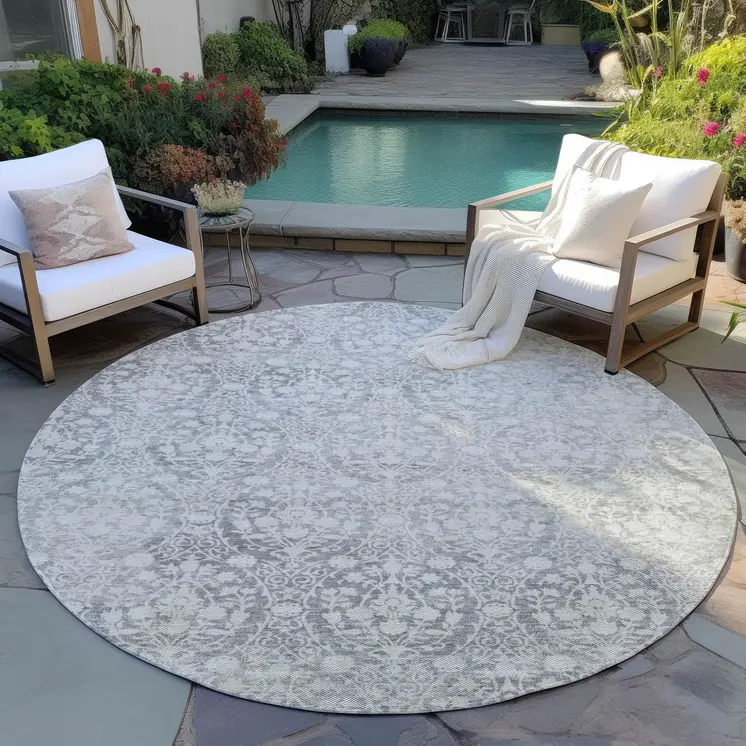8' Gray Round Damask Washable Indoor Outdoor Area Rug