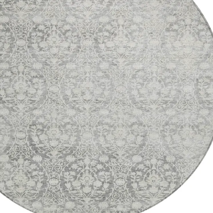 8' Gray Round Damask Washable Indoor Outdoor Area Rug