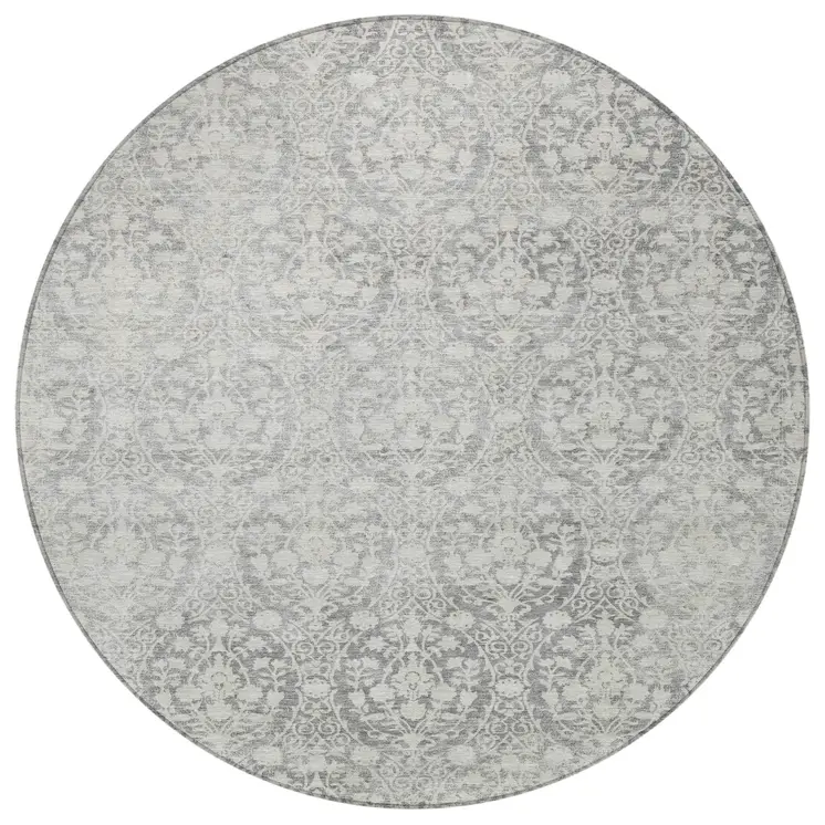 8' Gray Round Damask Washable Indoor Outdoor Area Rug