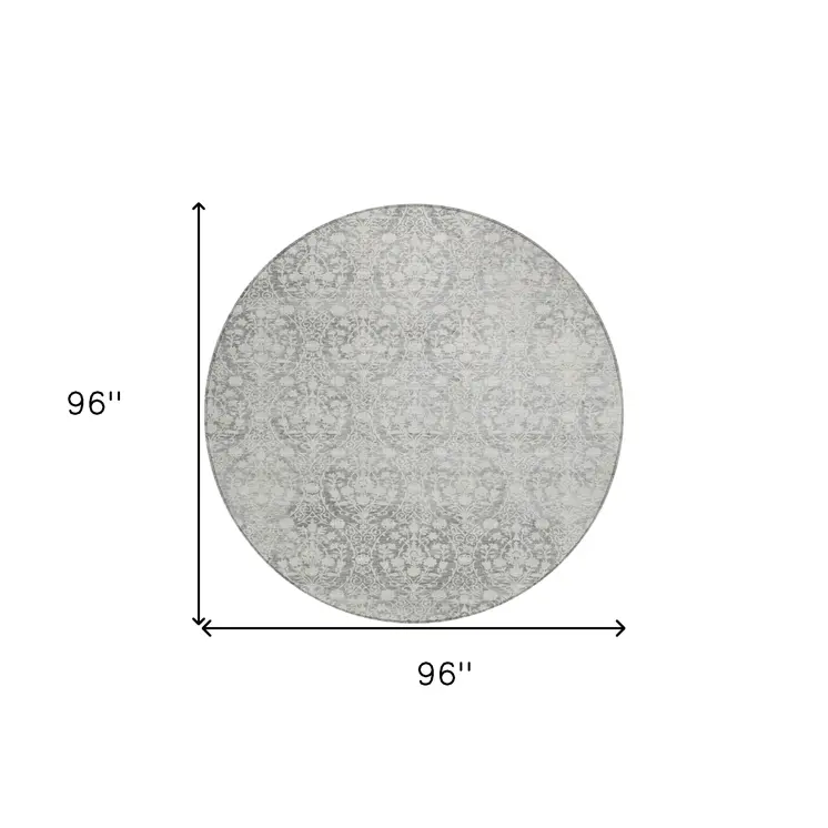 8' Gray Round Damask Washable Indoor Outdoor Area Rug