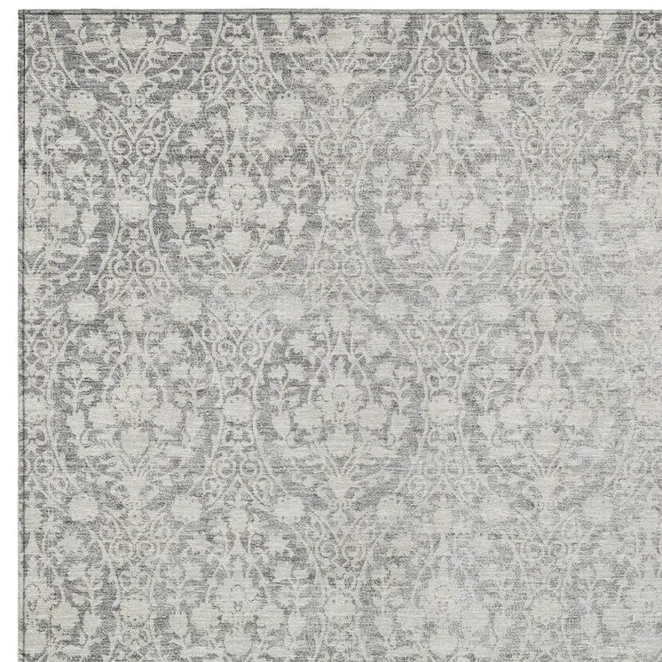 9' X 12' Gray Damask Washable Indoor Outdoor Area Rug