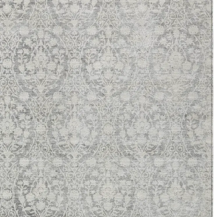 10' X 14' Gray Damask Washable Indoor Outdoor Area Rug