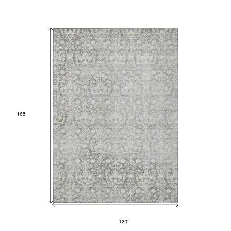 10' X 14' Gray Damask Washable Indoor Outdoor Area Rug
