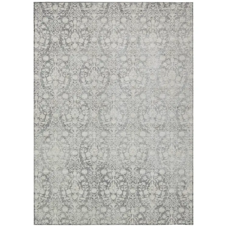 10' X 14' Gray Damask Washable Indoor Outdoor Area Rug