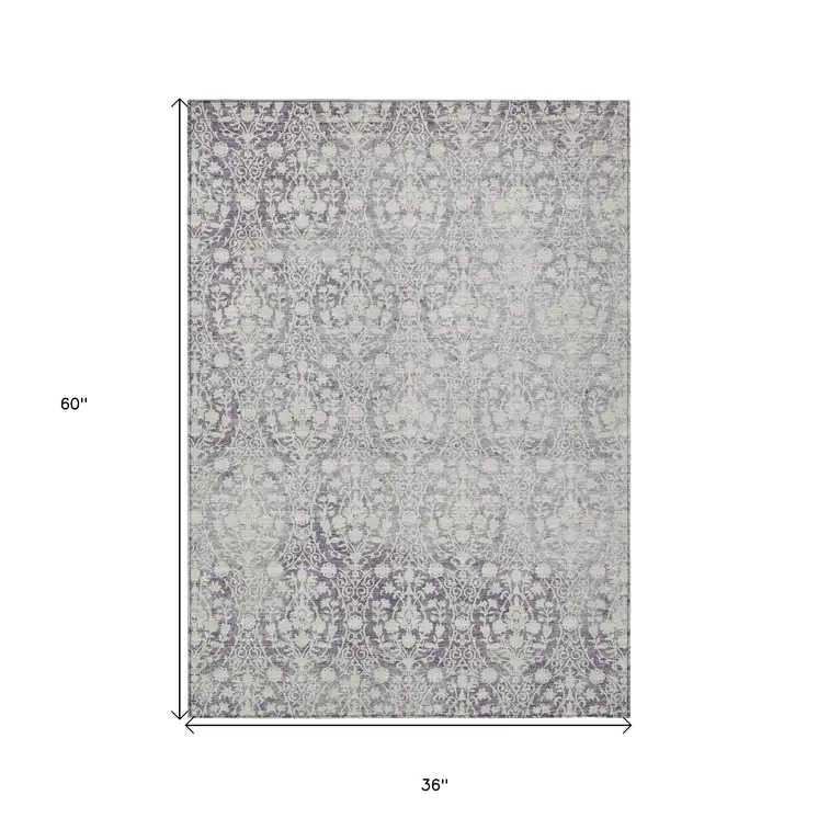 3' X 5' Plum Damask Washable Indoor Outdoor Area Rug