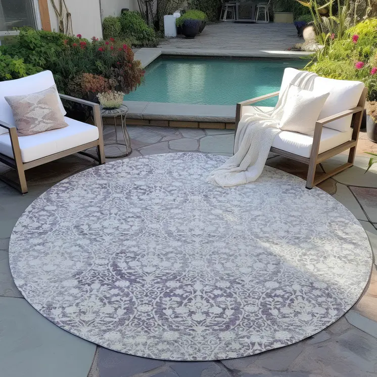 8' Plum Round Damask Washable Indoor Outdoor Area Rug
