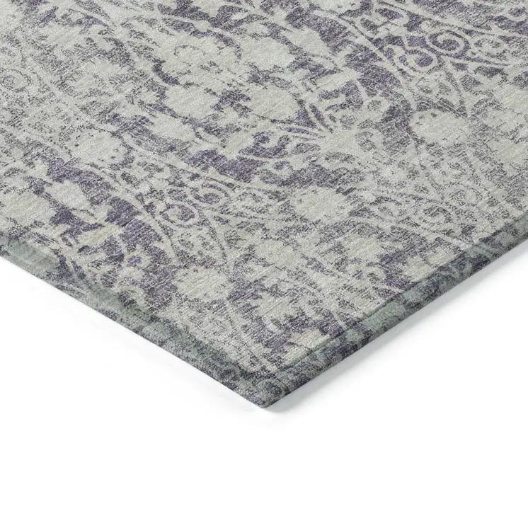 8' Plum Round Damask Washable Indoor Outdoor Area Rug