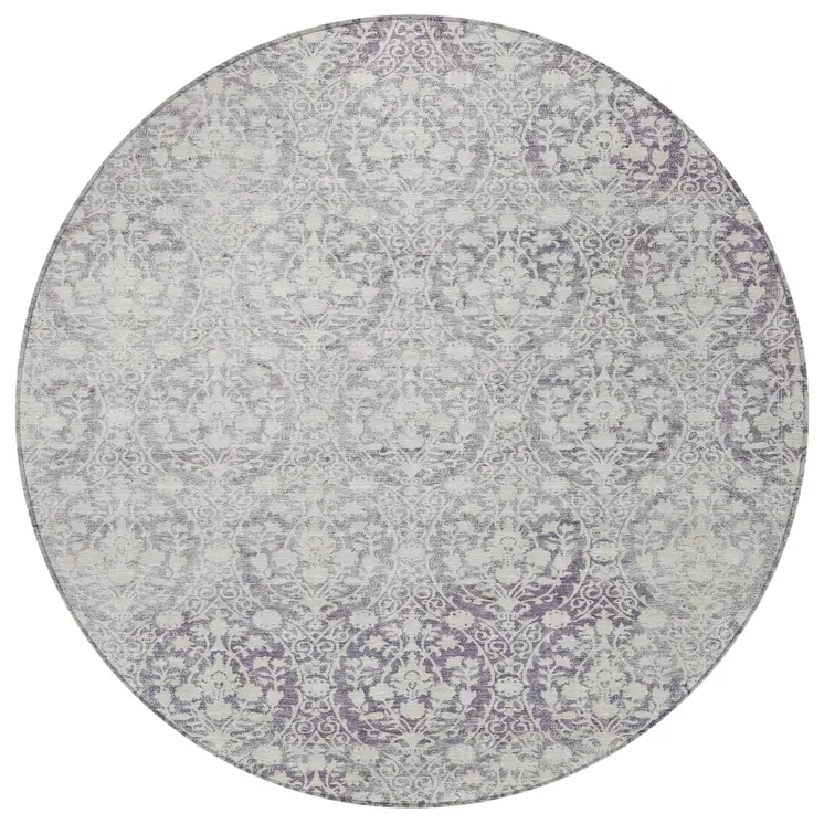 8' Plum Round Damask Washable Indoor Outdoor Area Rug