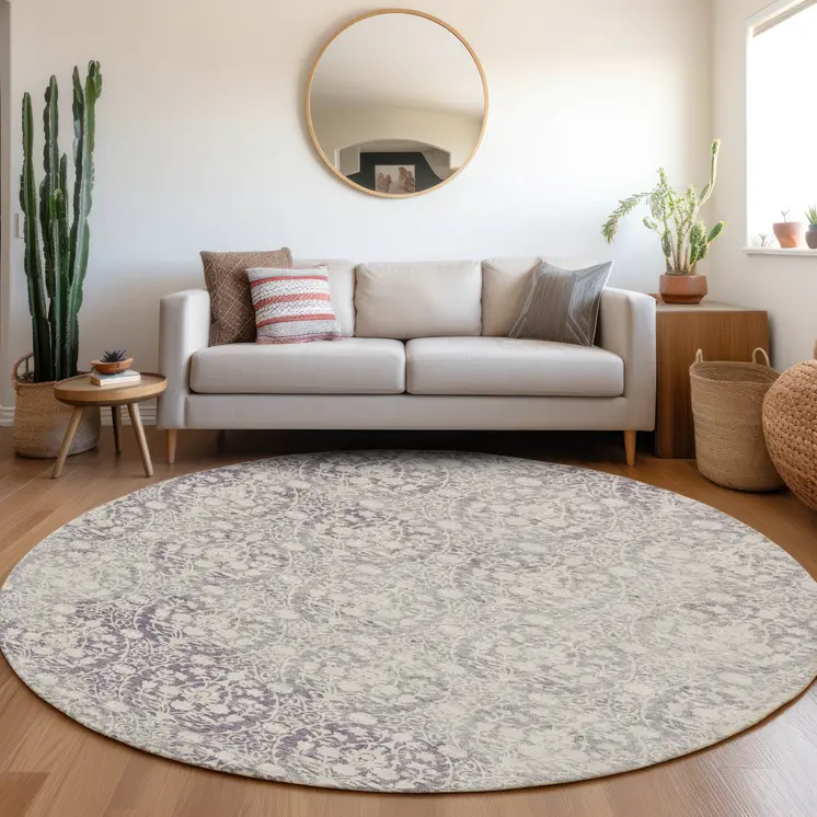8' Plum Round Damask Washable Indoor Outdoor Area Rug