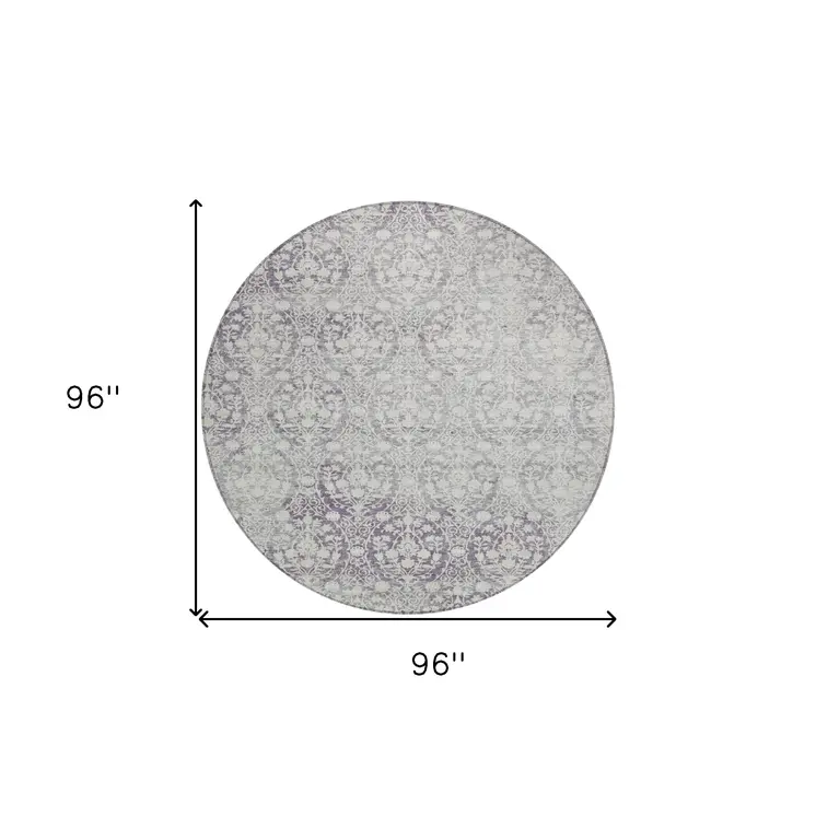 8' Plum Round Damask Washable Indoor Outdoor Area Rug