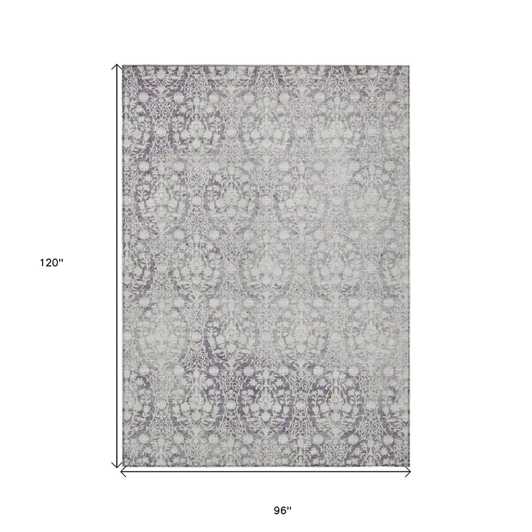 8' X 10' Plum Damask Washable Indoor Outdoor Area Rug