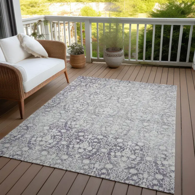8' X 10' Plum Damask Washable Indoor Outdoor Area Rug